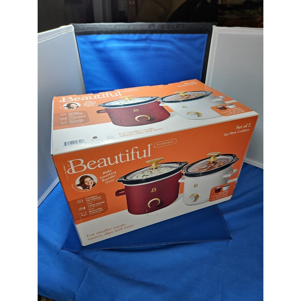 Beautiful by Drew Barrymore Set Slow Cooker 2 Qt Crock Pots Duo White/Wine NEW